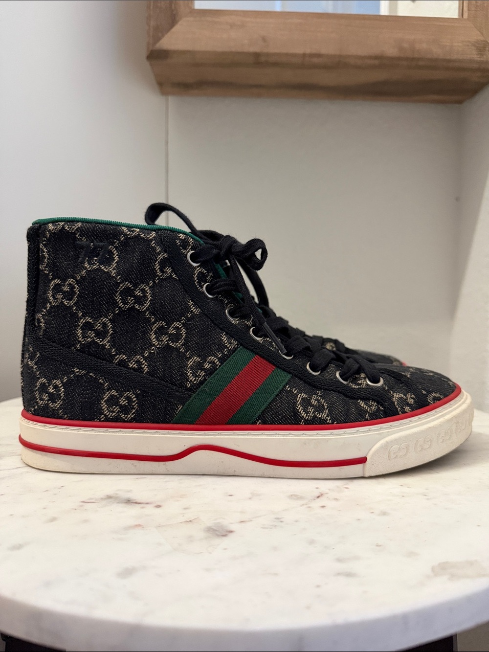 Gucci Black Denim High-Top Sneaker with Green & Red Stripe